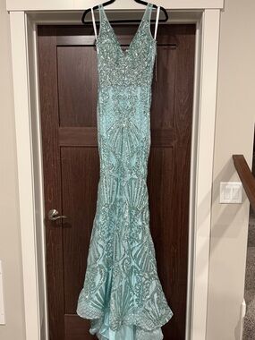 Jovani 07276 - Embellished Sleeveless V-Neck Evening Gown Light Blue